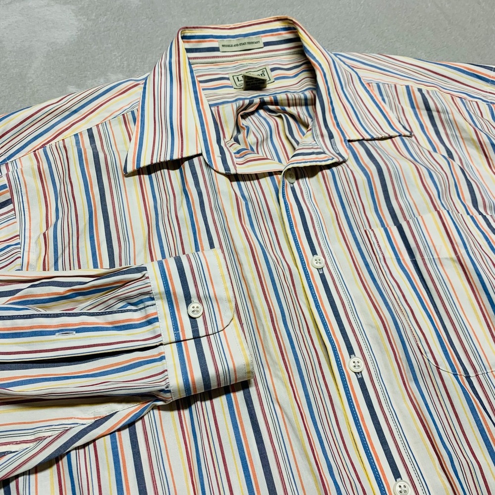 L.L. Bean Men's XL Tall Striped Multi Color Button Shirt Wrinkle Stain Resistant